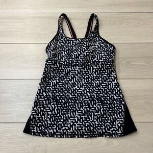 Lululemon Racer Mesh Back Tank Top Built In Bra Shirt Black White Pattern Size 6